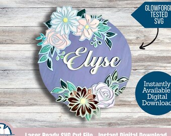 Floral Name Sign Laser Cut File: Round Nursery Sign  SVG (Digital Design)