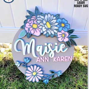 Floral Nursery Name Sign SVG: Laser Cut File, Girl Circle Sign