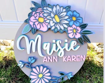 Floral Nursery Name Sign SVG: Laser Cut File, Girl Circle Sign