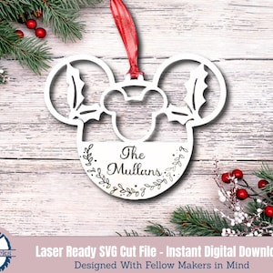 Mouse Ear Christmas Ornament SVG: Personalized Family Name Laser Cut File (Digital Download)