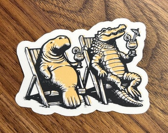 Manatee and Alligator on the Beach Laminated Vinyl Stickers