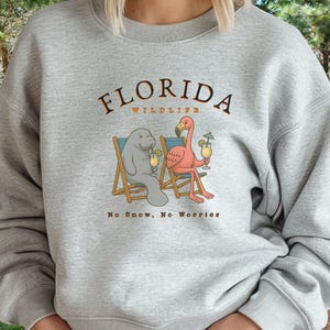 May include: A gray sweatshirt with the text "Florida Wildlife" and a cartoon manatee and flamingo sitting on beach chairs with drinks. The text below the image says "No Snow, No Worries".