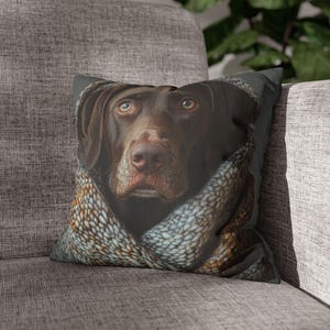 May include: A decorative throw pillow featuring a close-up portrait of a brown dog with light blue eyes. The dog is wrapped in a patterned blanket with shades of brown, gray, and white. The pillow is on a gray couch.