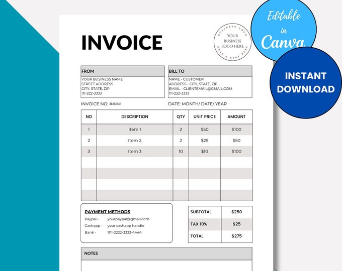 Editable Blank Invoice Custom Form Template Printable Black and White ...
