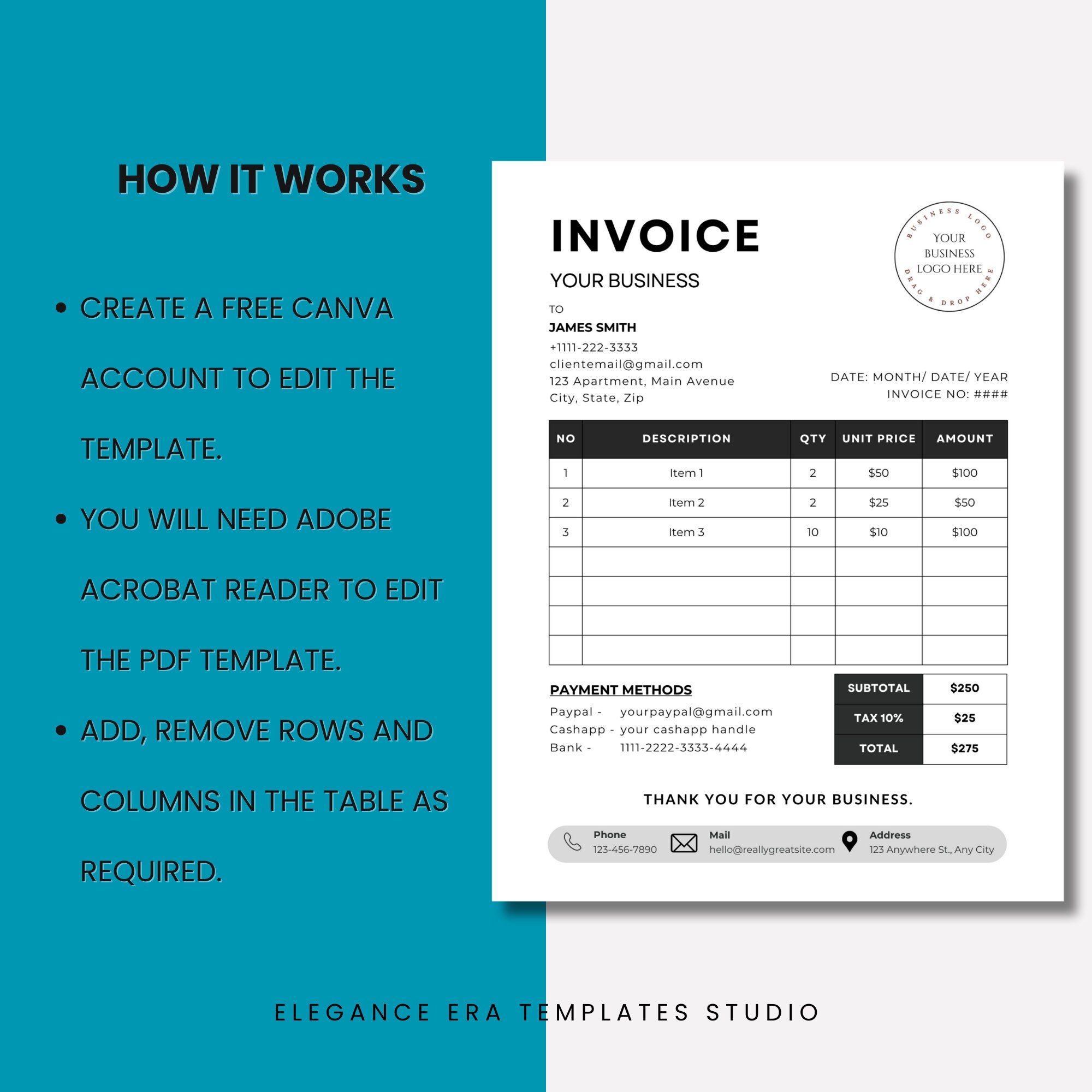 Printable Invoice Custom Form Template Editable Blank Invoice Etsy