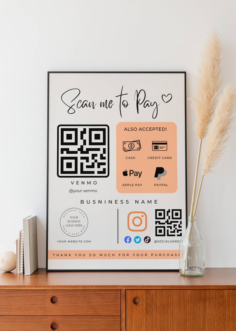 Scan to Pay Editable BOHO Canva Template QR Code Sign Paypal Venmo Sign ...
