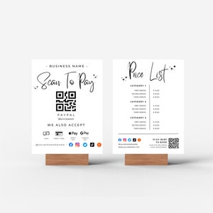 Scan-to-Pay-bundel Bewerkbare QR-code Betalingsbord Moderne prijslijstsjabloon Geaccepteerde betalingen Afdrukbaar Scan-to-Pay-bord Direct downloaden