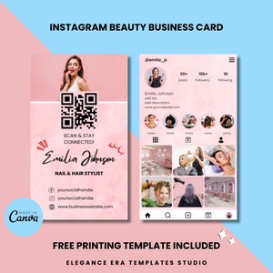 Benutzerdefinierte Instagram Visitenkarte Canva Vorlage IG Digitale Visitenkarte DIY Pink Beauty Salon Haar und Nagel Stylist QR Code Karte
