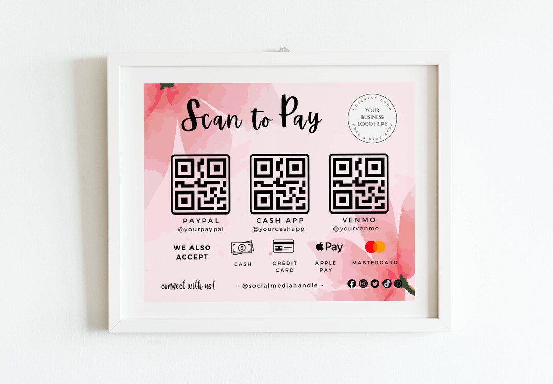Scan to Pay Sign Editable Canva Template QR Code Pink Floral Small ...