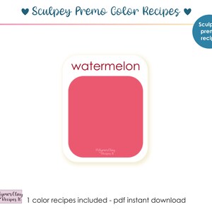 Può includere: Un download digitale di una ricetta per un colore di anguria usando l'argilla polimerica Sculpey Premo. La ricetta è mostrata su una carta bianca con un quadrato rosso che rappresenta il colore.