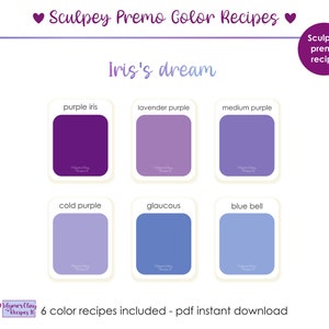 Puede incluir: Una descarga digital de 6 recetas de colores para arcilla Sculpey Premo. Las recetas son para tonos morados, incluyendo iris morado, lavanda morado, morado medio, morado frío, glauco y campanilla azul.