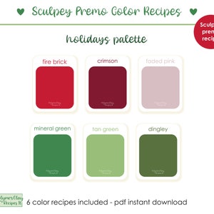 Könnte beinhalten: Ein digitaler Download von 6 Farb-Rezepten für Sculpey Premo-Knete. Die Farbpalette ist von den Feiertagen inspiriert und umfasst Farben wie Feuerrot, Scharlachrot, verblasstes Rosa, Mineralgrün, Tannengrün und Dunkelgrau.
