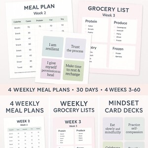 Aves y pescado / Plan de alimentación bariátrico de 30 días y paquete de mentalidad / 3 comidas + 2 refrigerios diarios / Listas de compras imprimibles / Tarjetas de afirmación / Herramientas WLS