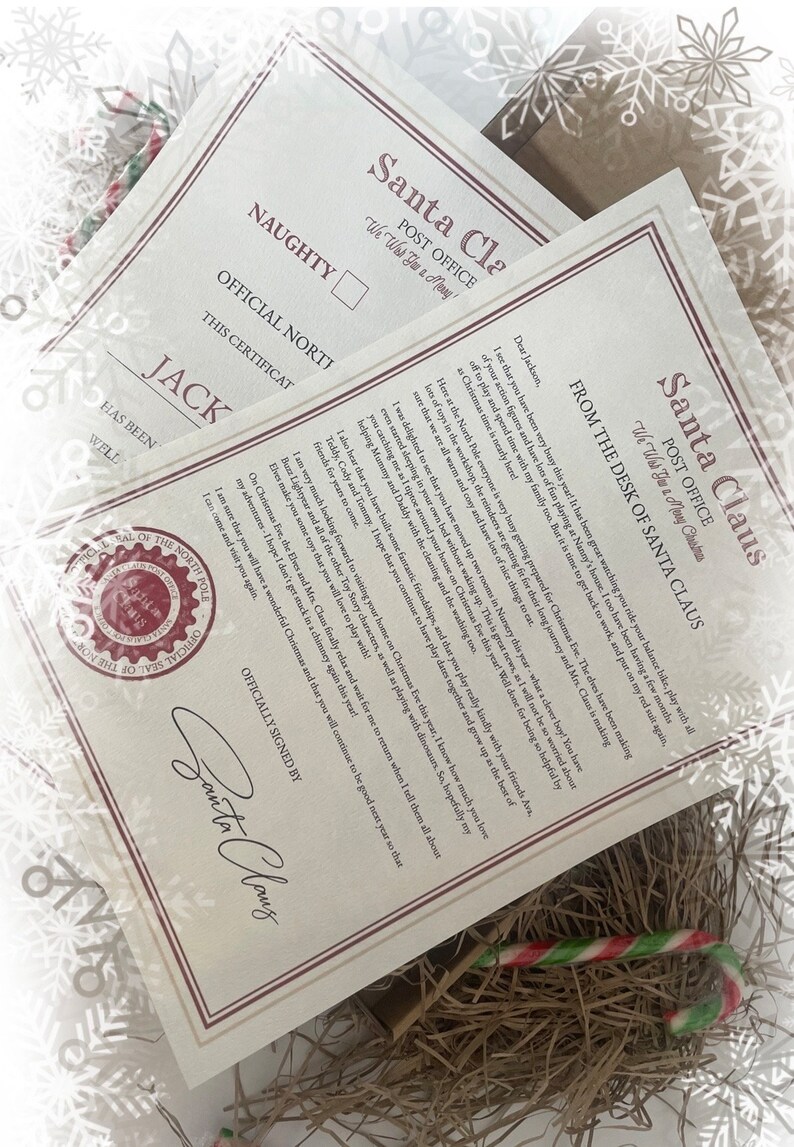 May include: Two official Santa Claus letters, one marked "Naughty" and the other with a letter from Santa. The letters are on cream-colored paper with a red border and text. A candy cane rests below.