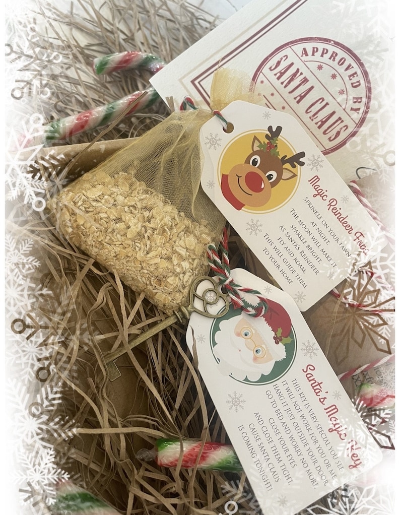 May include: A Christmas-themed gift set with a gold mesh bag filled with oats, candy canes, and decorative tags. One tag features a reindeer, the other Santa Claus, with text about magic reindeer food and Santa's magic key.