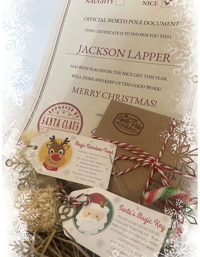 May include: A Christmas-themed gift set featuring a certificate, tags, and a small package tied with red and white twine. The certificate is marked "Official North Pole Document" and includes the name "Jackson Lapper" and the words "Merry Christmas!" The tags include "Magic Reindeer Food" and "Santa's Magic Key."