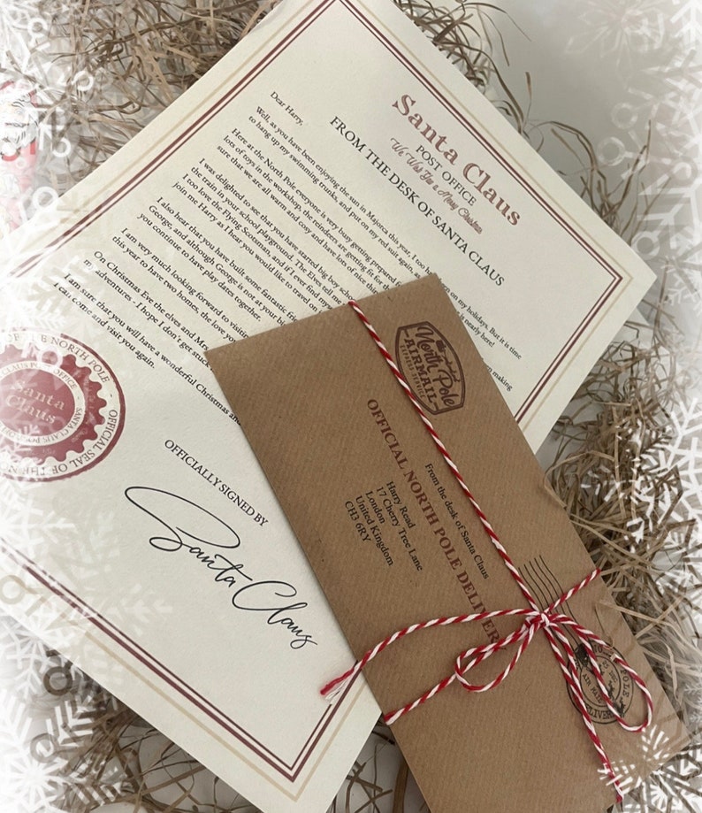May include: A letter from Santa Claus, featuring a red wax seal and a brown envelope tied with red and white twine. The letter is addressed to Harry and signed by Santa Claus.