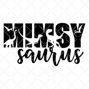 Op de afbeelding: Zwart-wit grafisch ontwerp met de tekst "Mimsy Saurus" en dinosaurus silhouetten. Het woord "Mimsy" staat in een vette, blokkerige letter, terwijl "Saurus" in een cursief schrift staat.
