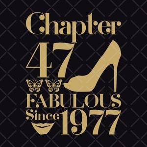 May include: Gold text on a black background with a diamond pattern. The text reads "Chapter 47 Fabulous Since 1977" with a high-heeled shoe, butterflies, and a pair of lips.