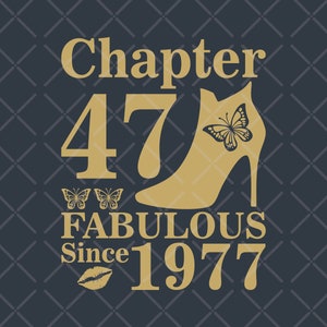 May include: Gold text design on a dark blue background. The text reads "Chapter 47 Fabulous Since 1977" with a high-heeled shoe and butterfly graphic. The design includes a pair of butterflies and a pair of lips.