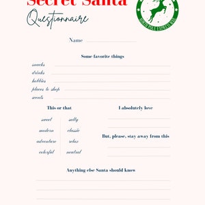 Secret Santa Questionaire, Secret Santa, Kris Kringle
