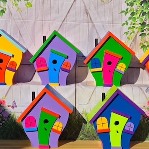 Curved Door, Whimsical Wooden Birdhouse, Hand painted, 6 color combinations available.