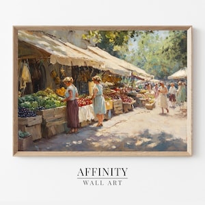 Summer market oil painting women shopping fruit warm sun classic European village scene cottagecore kitchen rustic French decor