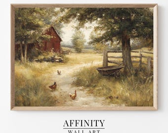 Pintura a óleo vintage de celeiro vermelho: arte paisagística rústica de fazenda (download digital)