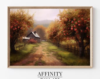 Vintage Apple Orchard Oil Painting: Rustic Autumn Landscape Art (Digital Download)