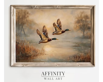 Mallard Ducks Flying Wall Art: Vintage Duck Oil Painting Print (Digital Download)
