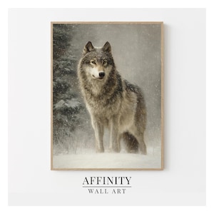 May include: A framed print of a wolf standing in a snowy forest. The wolf has gray and brown fur and is looking to the side. The artwork is labeled "AFFINITY WALL ART" at the bottom.