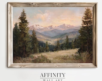 Peinture à l'huile de coucher de soleil de vallée de montagne : art de paysage tranquille (téléchargement numérique)