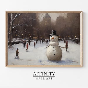 Rustic Oil Painting of Snowman in Central Park, Winter Scene Wall Art, Cozy Holiday Decor, Perfect Vintage Christmas Home Accent