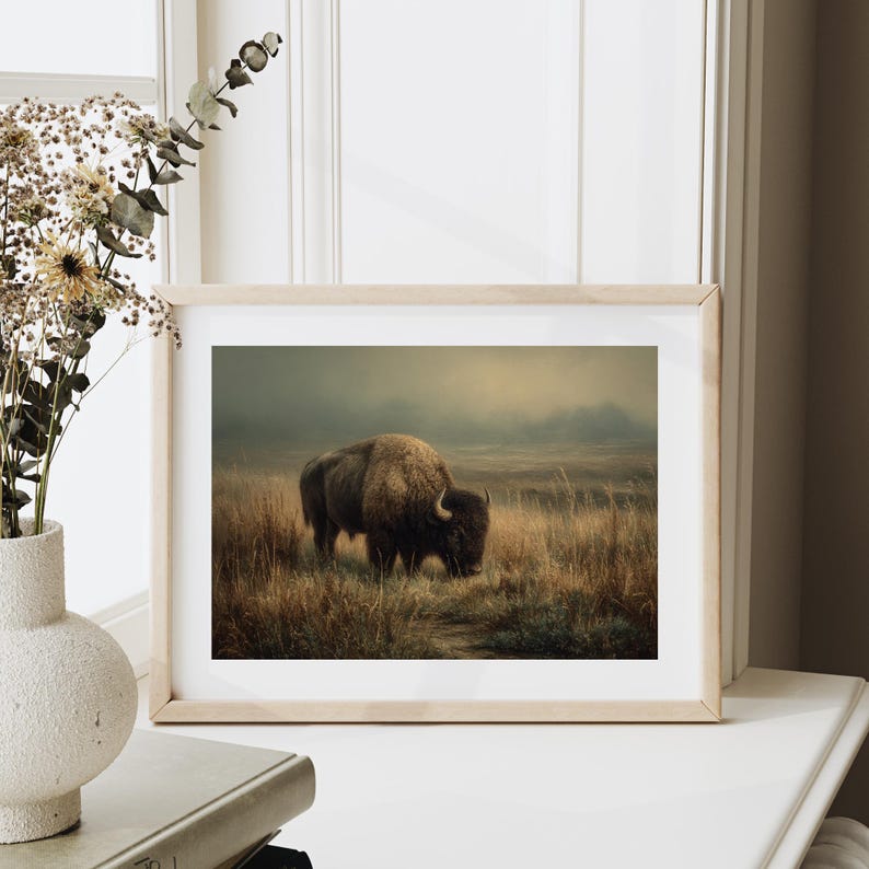 Bison Grazing in Prairie Field: Rustic 19th Century Style Wall Art ...