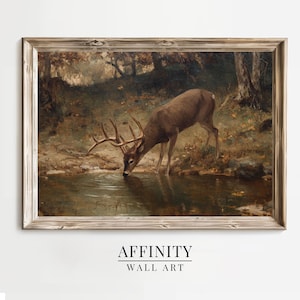 May include: A framed wall art print depicts a deer drinking from a pond in a forest setting. The artwork features a brown deer with large antlers, surrounded by trees and foliage in shades of brown, green, and gold. The text "AFFINITY WALL ART" is at the bottom.