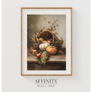 May include: A framed print depicting a cornucopia overflowing with autumn harvest produce. The image includes pumpkins, grapes, apples, and corn. The text "AFFINITY WALL ART" is at the bottom.