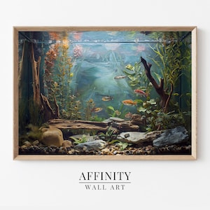 Colorful Freshwater Aquarium Painting Print with Tropical Fish Driftwood Rocks and Plants Oil Style Underwater Nature Wall Art Decor