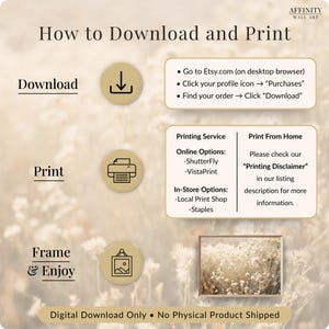Peut inclure: Un graphique beige avec des instructions sur la fa&ccedil;on de t&eacute;l&eacute;charger et d'imprimer des &oelig;uvres d'art num&eacute;riques depuis Etsy. Le texte comprend les &eacute;tapes de t&eacute;l&eacute;chargement, les services d'impression et une clause de non-responsabilit&eacute;. L'image pr&eacute;sente &eacute;galement une impression encadr&eacute;e.