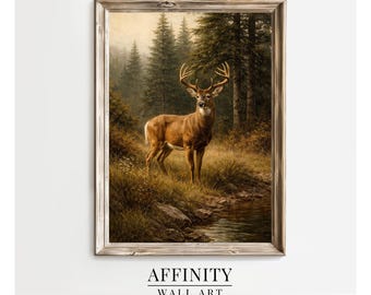 May include: Framed wall art print depicting a deer in a forest. The image shows a brown deer with large antlers standing near a stream, surrounded by trees and vegetation. The frame is light brown. The text "AFFINITY WALL ART" is displayed at the bottom of the print.