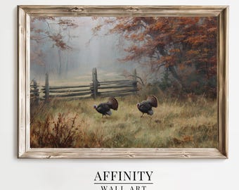 Pode incluir: Impressão de arte de parede emoldurada com uma cena pastoral com dois perus em um campo. A obra de arte tem uma estética rústica, com uma cerca de madeira e folhagem de outono. O texto "AFFINITY WALL ART" está na parte inferior.