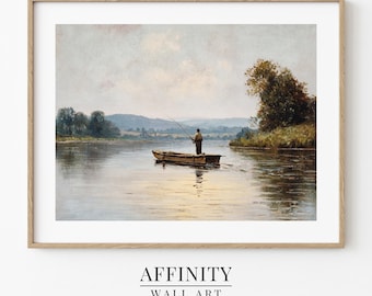 Vintage Fischen Wand Kunst: Mann vom Boot See Druck (Digitaler Download)