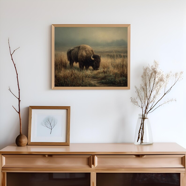 Bison Grazing in Prairie Field: Rustic 19th Century Style Wall Art ...