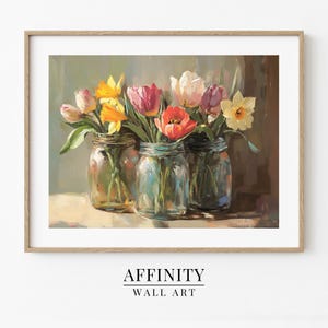Spring Floral Still Life Print: Vintage Mason Jars, Cottagecore Kitchen (Digital Download)