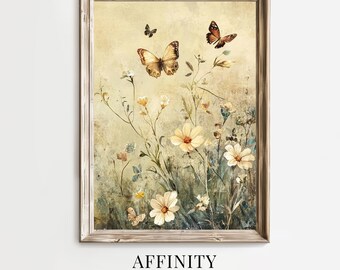 Vintage Butterfly Botanical Print: Cottagecore Floral Wall Art (Digital Download)