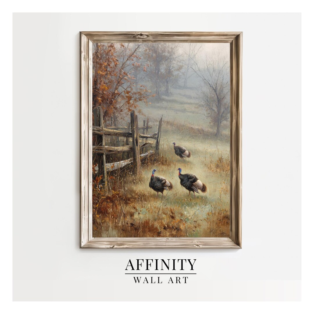 Wild Turkeys in Autumn Meadow Vintage Style Oil Painting Print (digital ...