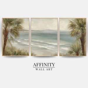 May include: Triptych of framed wall art featuring a serene beach scene. The artwork depicts a coastal landscape with palm trees, ocean waves, and a cloudy sky. The text "AFFINITY WALL ART" is displayed at the bottom.