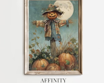 Vintage Scarecrow Jack-o'-Lantern Oil Painting: Harvest Moon Digital Art (Digital Download