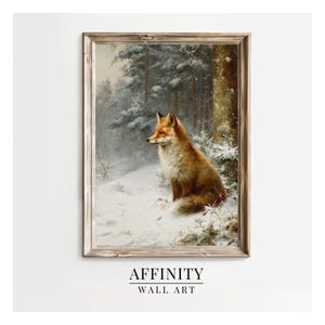 May include: A framed print depicting a red fox in a snowy forest. The fox is seated in the snow, with snow-covered trees in the background. The artwork is in a wooden frame, with the text "AFFINITY WALL ART" at the bottom.