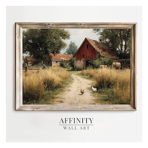 Puede incluir: Una impresión enmarcada de arte mural que representa un paisaje rural con un camino de tierra que conduce a un granero rojo. Hierba alta y seca bordea el camino, y se ven dos gallinas. El texto "AFFINITY WALL ART" está impreso en la parte inferior.