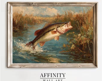 Largemouth Bass Marsh: Vintage Fishing Oil Painting (Digital Download)